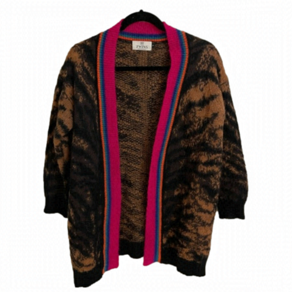 Twins Animal Print Striped Edges Mohair Blend Knit Cardigan, Size S